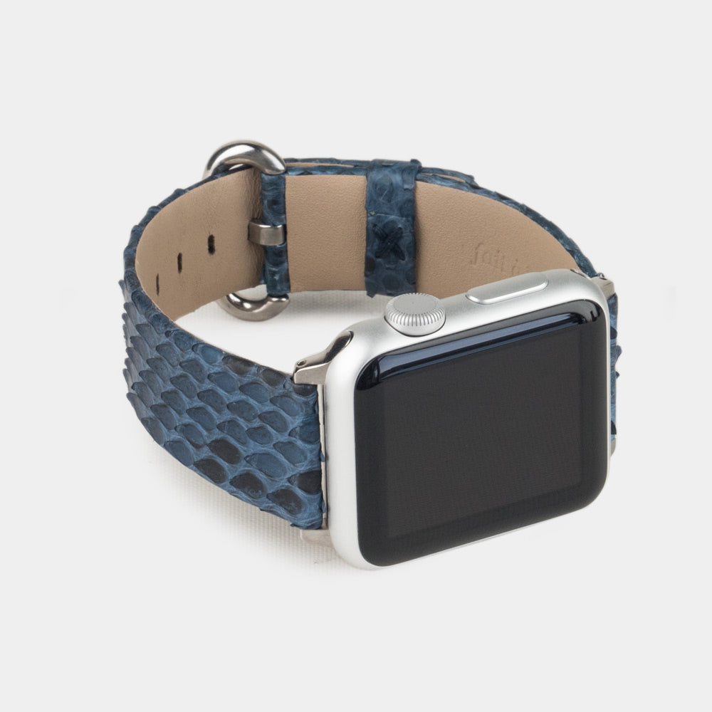 blue python strap apple watch with steel adapters and buckle frontal view