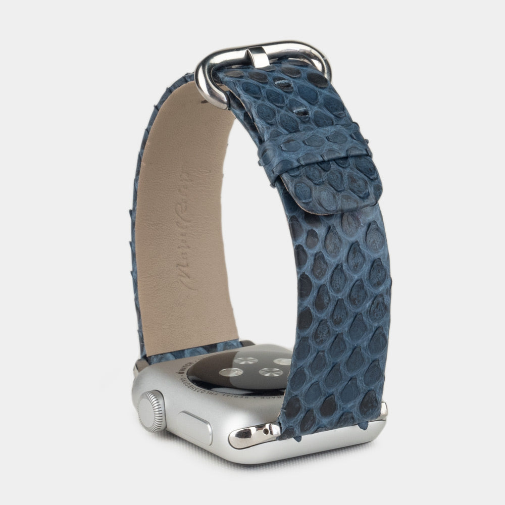 blue python strap apple watch with steel adapters and buckle upper view