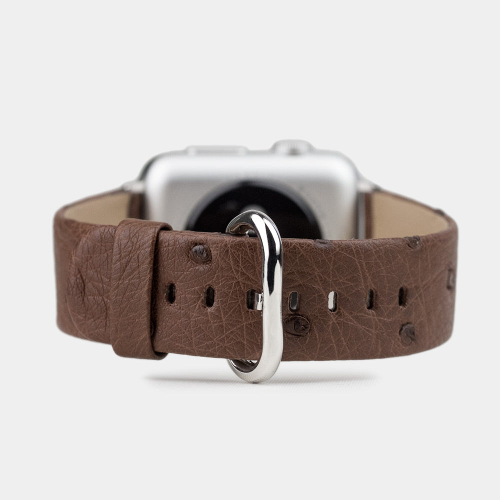 brown ostrich strap apple watch with steel adapters and buckle main image