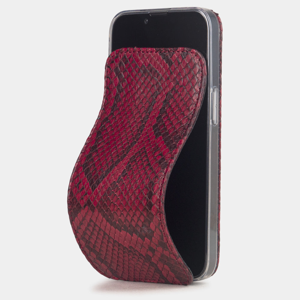 Bordeaux Python Case iPhone 16e – luxury handmade phone case in genuine python leather with magnetic front cover partially open, main photo

