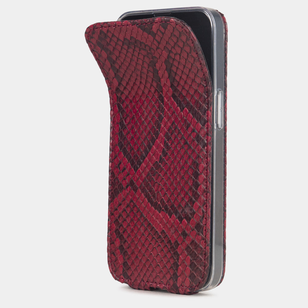 Bordeaux Python Case iPhone 16e – phone flip case with textured natural scale pattern, flexible front cover folding back to protect the smartphone screen
