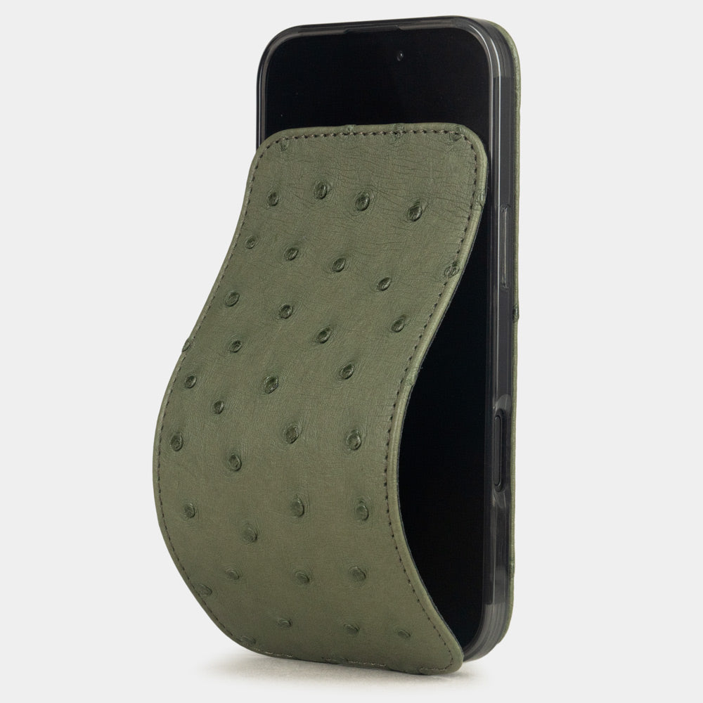Green Ostrich Case iPhone 17 Air – luxury handmade phone case in genuine ostrich leather with magnetic front cover partially open, main photo
