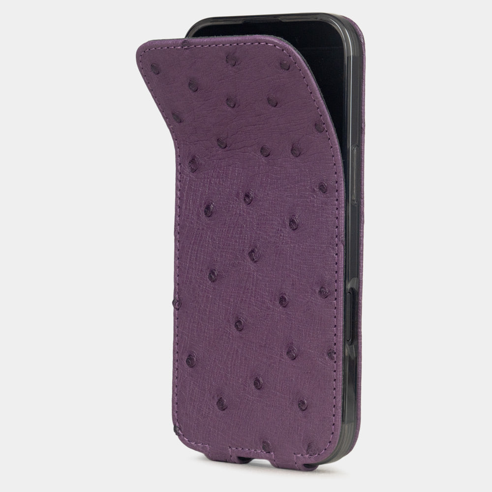 Purple Ostrich Case iPhone 17 Air – phone flip case with textured quill pattern, flexible front cover folding back to protect the smartphone screen