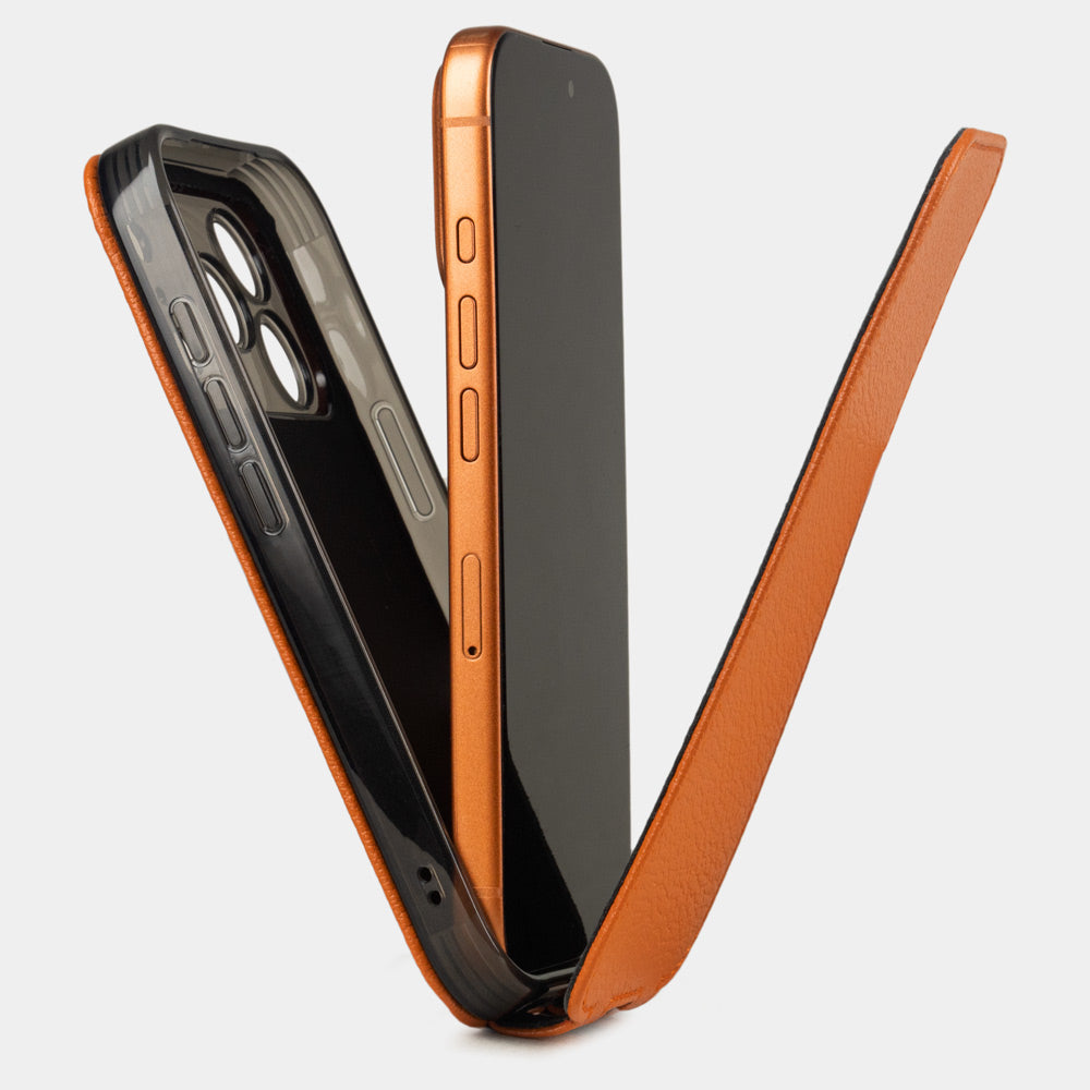 Orange Goat Case iPhone 17 Pro Max - flip phone case shown open on smartphone, natural scale texture with folding front cover