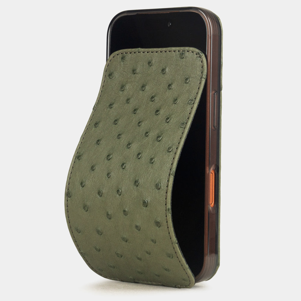 Green Ostrich Case iPhone 17 Pro Max – luxury handmade phone case in genuine ostrich leather with magnetic front cover partially open, main photo