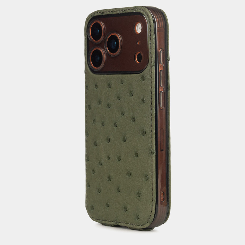 Green Ostrich Case iPhone 17 Pro Max orange - view from camera side and how the lenses are efficiently protected 
