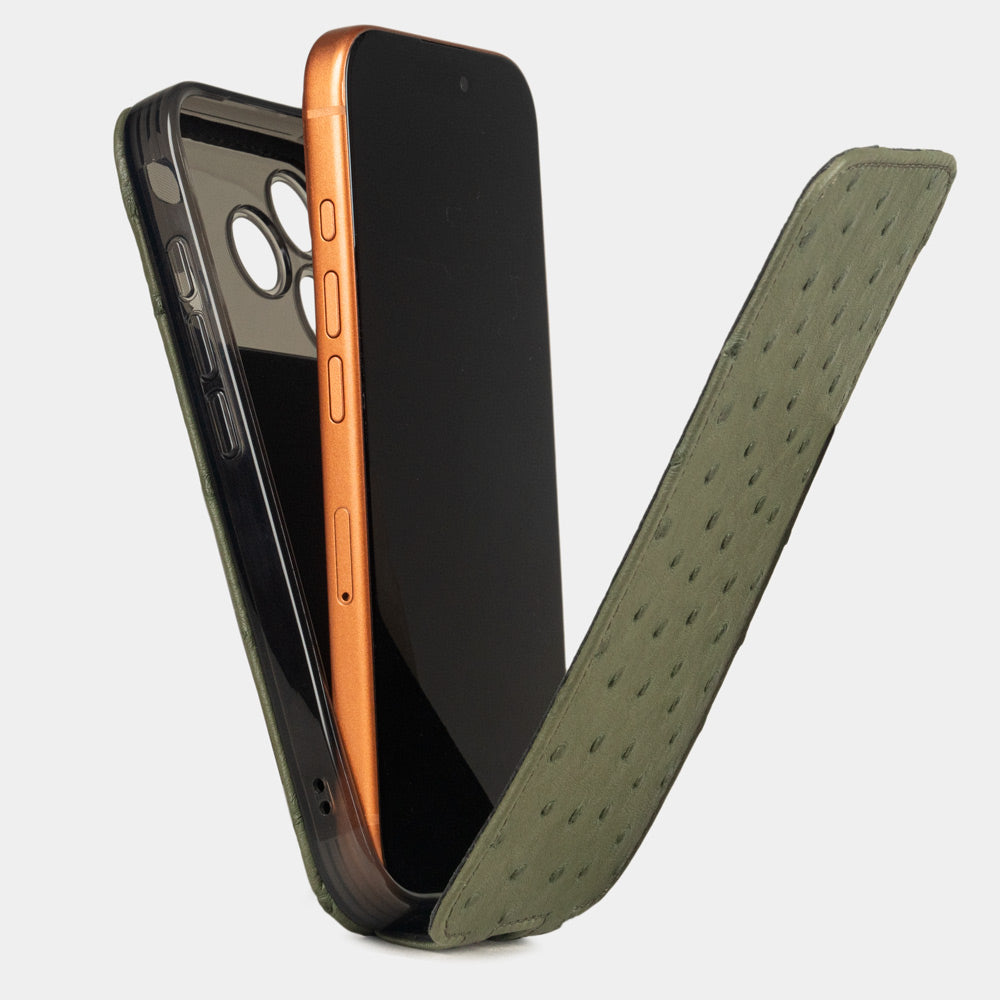 Gold Ostrich Case iPhone 17 Pro Max - flip phone case shown open on smartphone, natural scale texture with folding front cover
