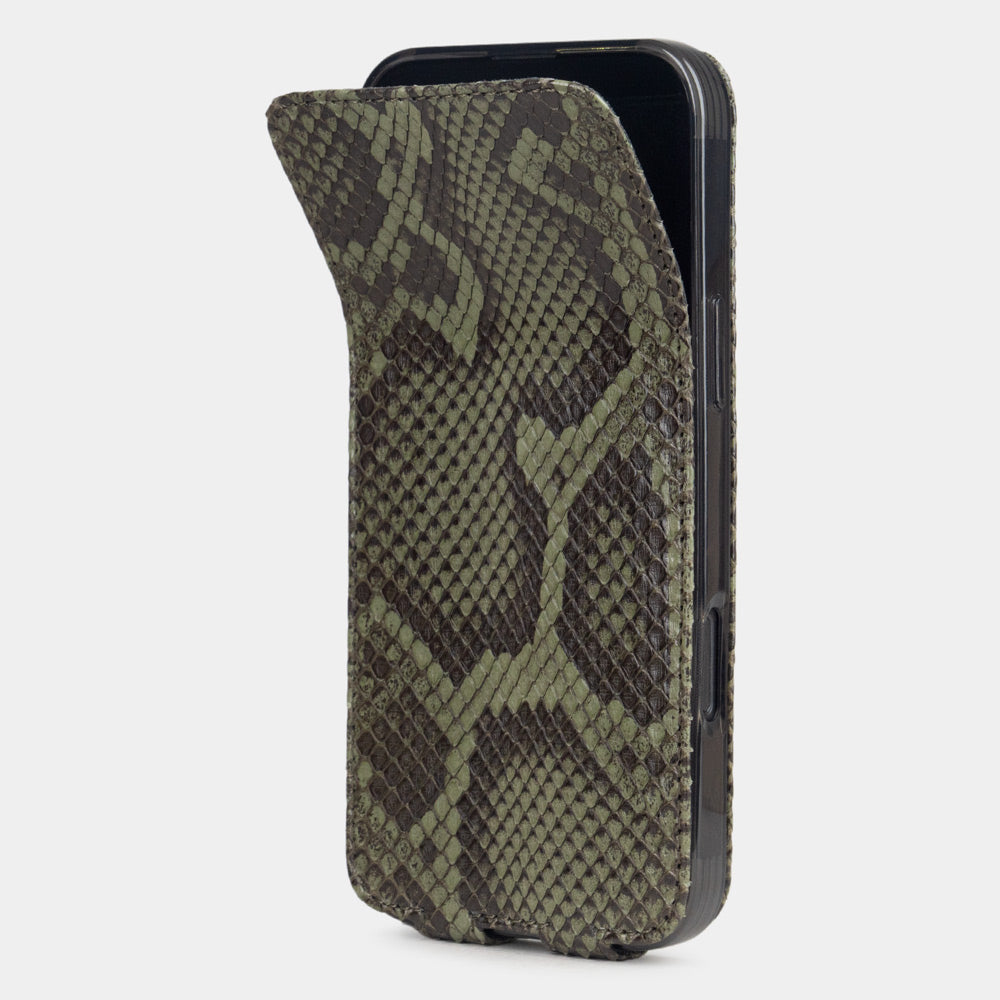 Green Python Case iPhone 17 – phone flip case with textured natural scale pattern, flexible front cover folding back to protect the smartphone screen
