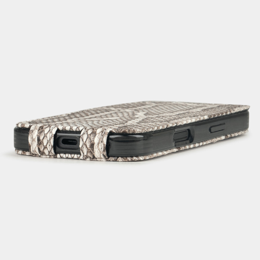 flip case iPhone 17 pro max python natural leather manufactured by Marcel Robert – flat view showing its ultra thickness and USB-C port opening