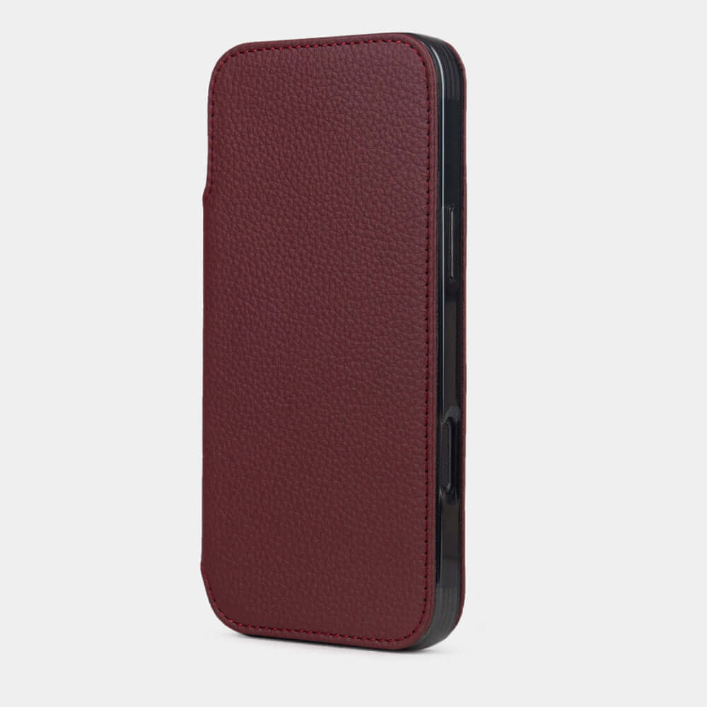 Front view of Marcel Robert iPhone 17 Pro Max folio case - made of bordeaux premium full-grain calfskin leather, closed position with magnetic cover