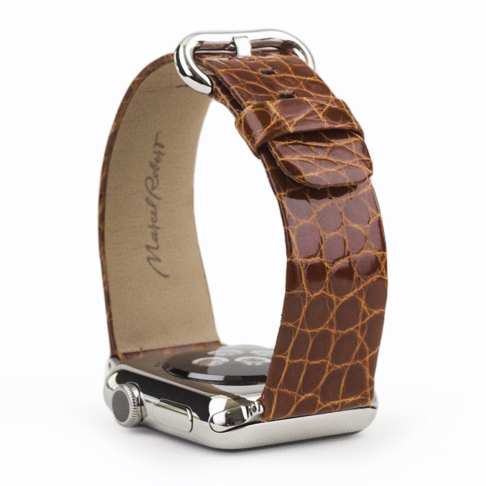 gold alligator strap Apple Watch steel adapters and buckle upper view