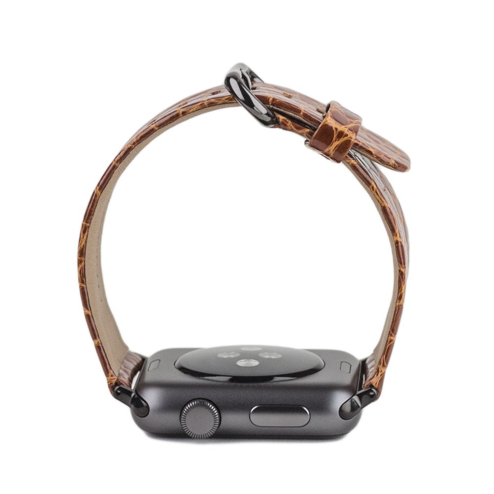 gold alligator strap apple watch black adapters and buckle profile view
