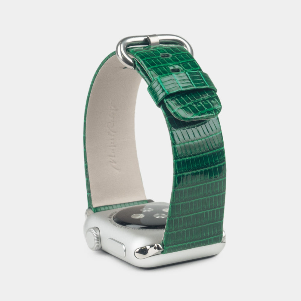 green lizard strap apple watch steel adapters and buckle upper view