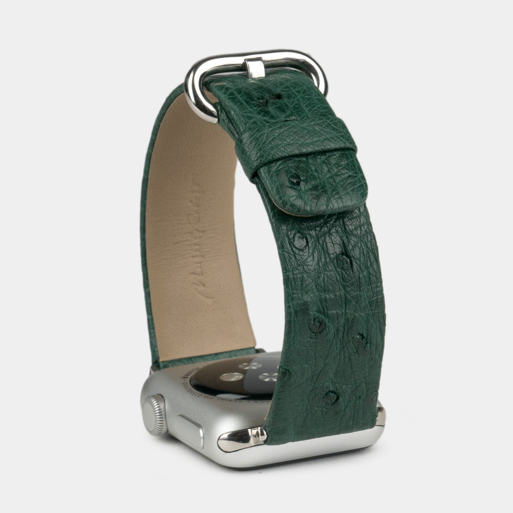 green ostrich strap apple watch with steel adapters and buckle upper view