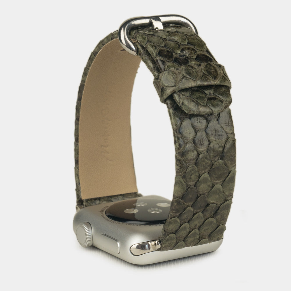green python band apple watch with steel adapters and buckle upper view