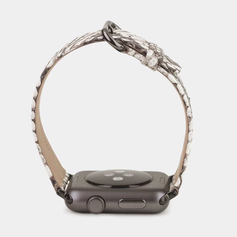 natural python strap apple watch with adapters and buckle profile view
