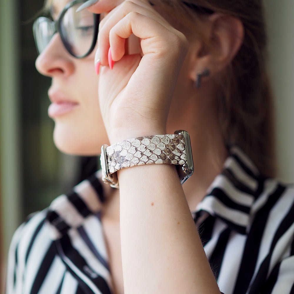 natural python strap apple watch with steel adapters and buckle contextual image
