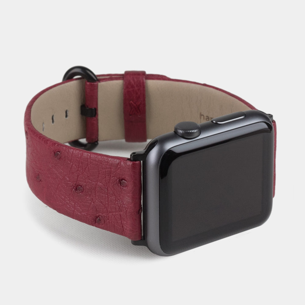 pink ostrich strap apple watch black adapters and buckle frontal view