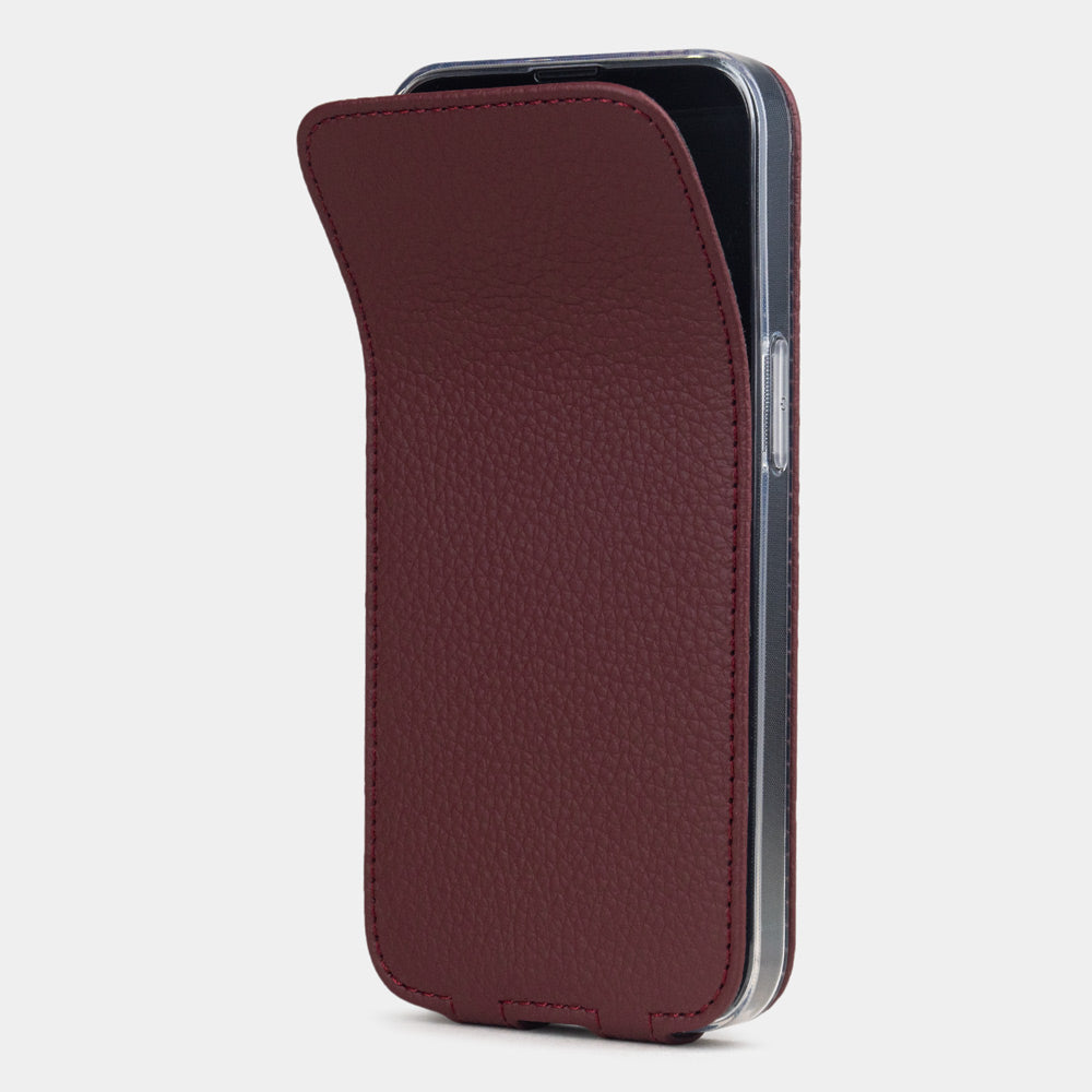 iPhone 16e flip case handmade in France with natural leather in dark red color, MagSafe compatible