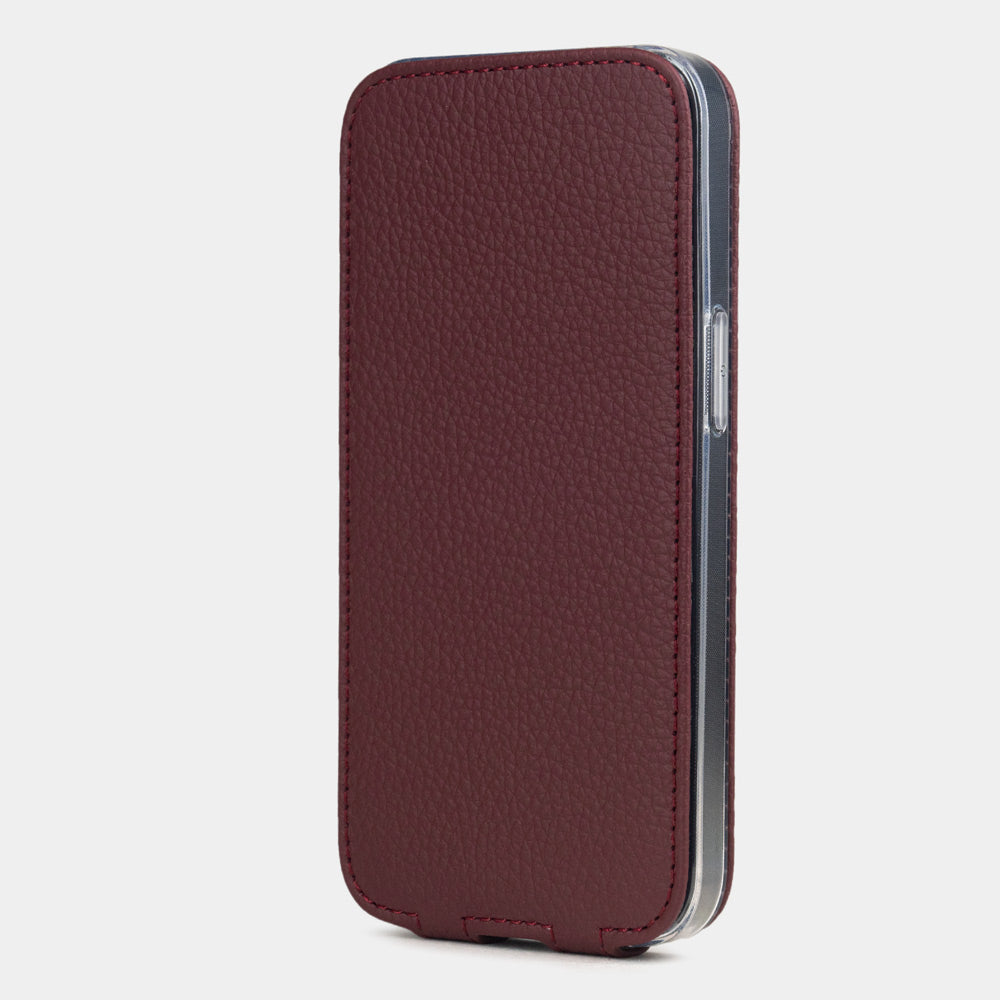 iPhone 16e flip case handmade in France with natural leather in dark red color, MagSafe compatible