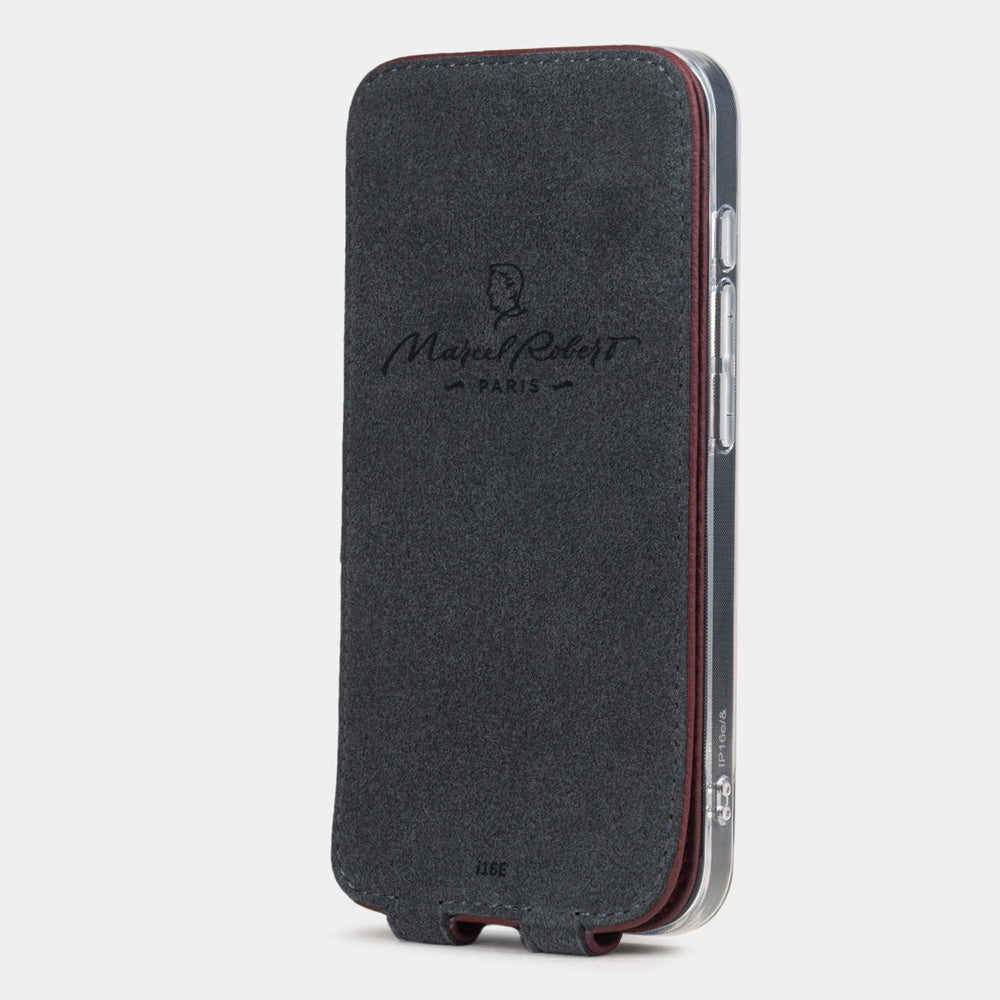 iPhone 16e flip case handmade in France with natural leather in dark red color, MagSafe compatible