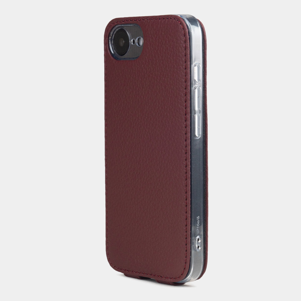 iPhone 16e flip case handmade in France with natural leather in dark red color, MagSafe compatible