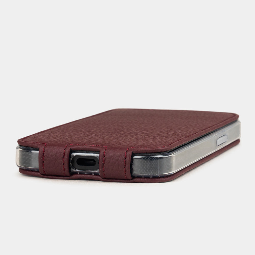 iPhone 16e flip case handmade in France with natural leather in dark red color, MagSafe compatible