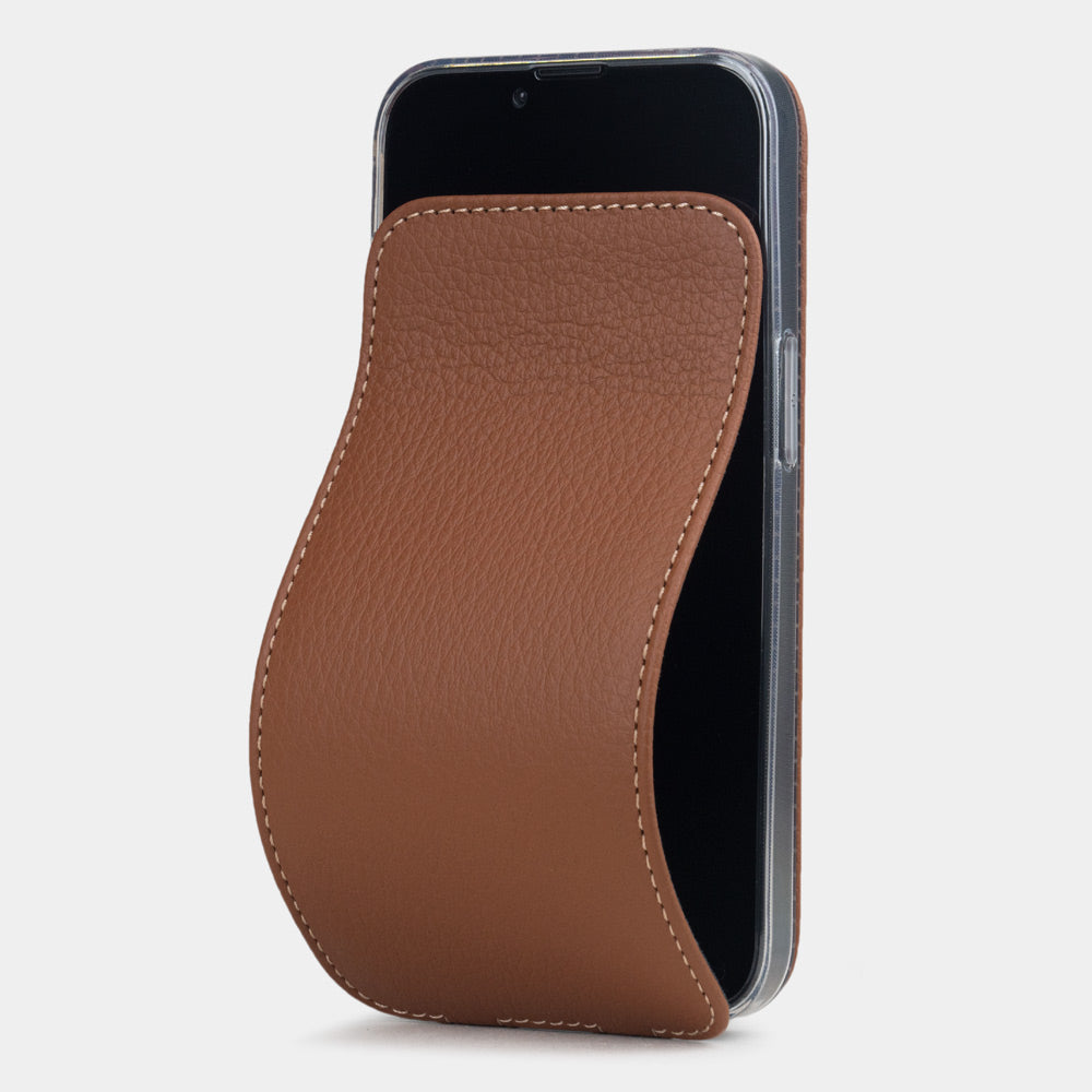 Strong iPhone 16e protection in premium golden leather, stable flip case