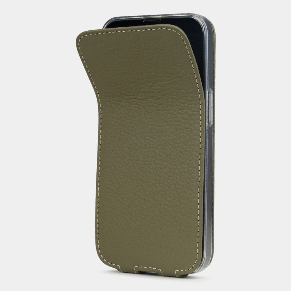 Protection iPhone 16e de haute qualité en cuir de vachette vert de première qualité, étui à rabat stable pour votre téléphone