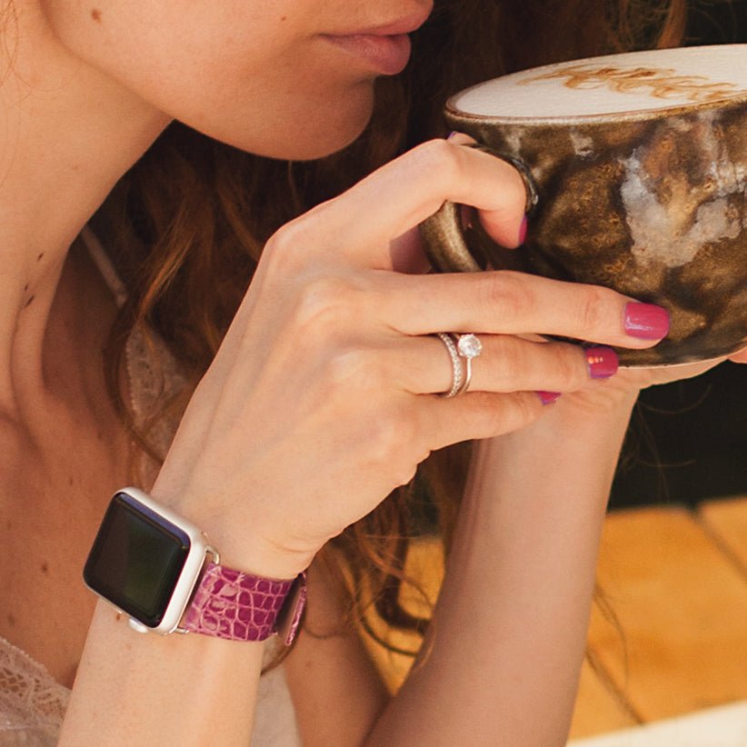 purple alligator Strap Apple Watch steel adapters and buckle contextual visual