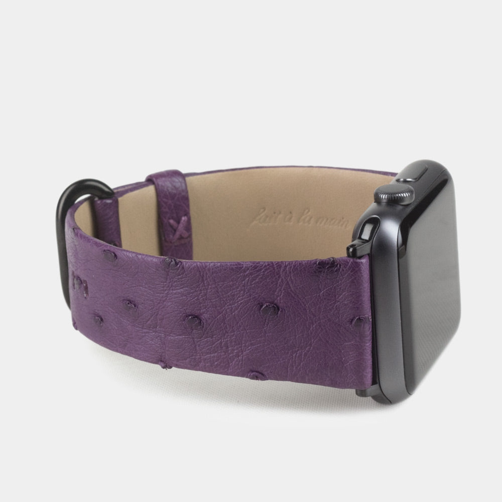 purple ostrich strap apple watch black adapters and buckle side view