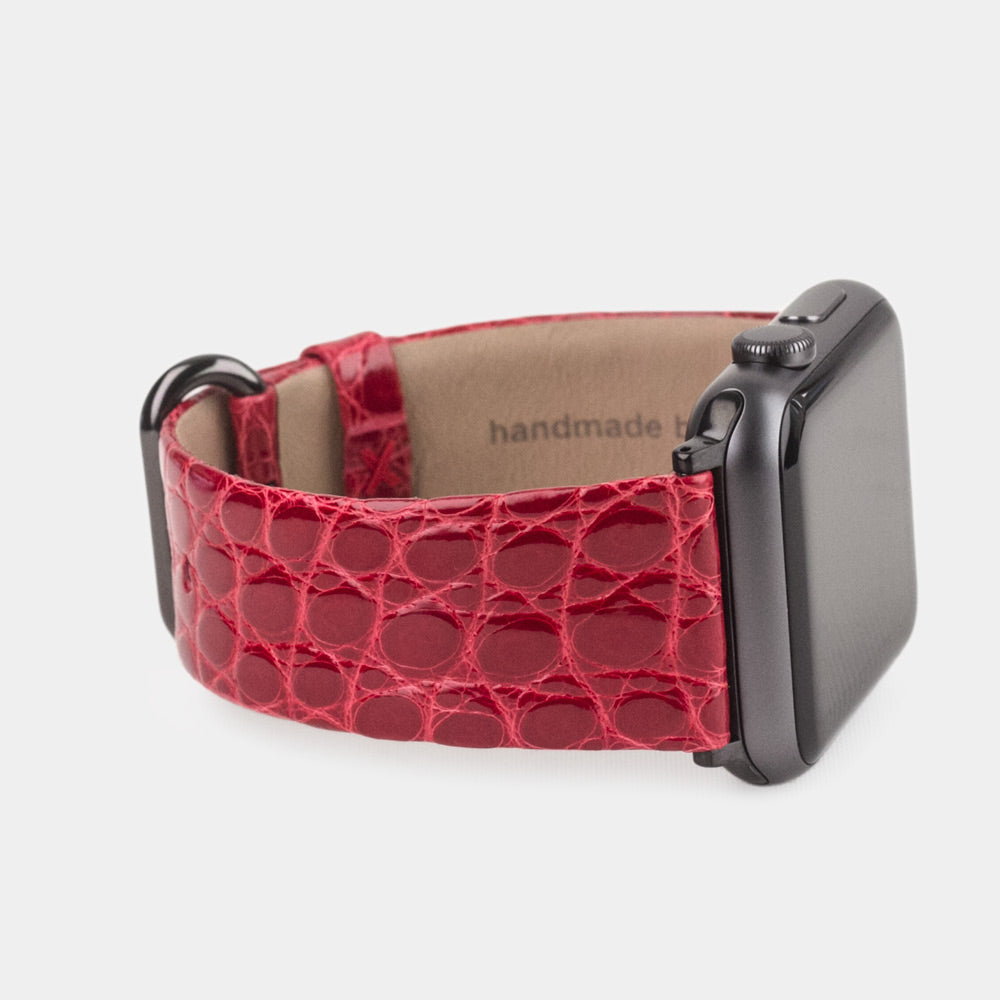 red alligator strap apple watch black adapters and buckle side view