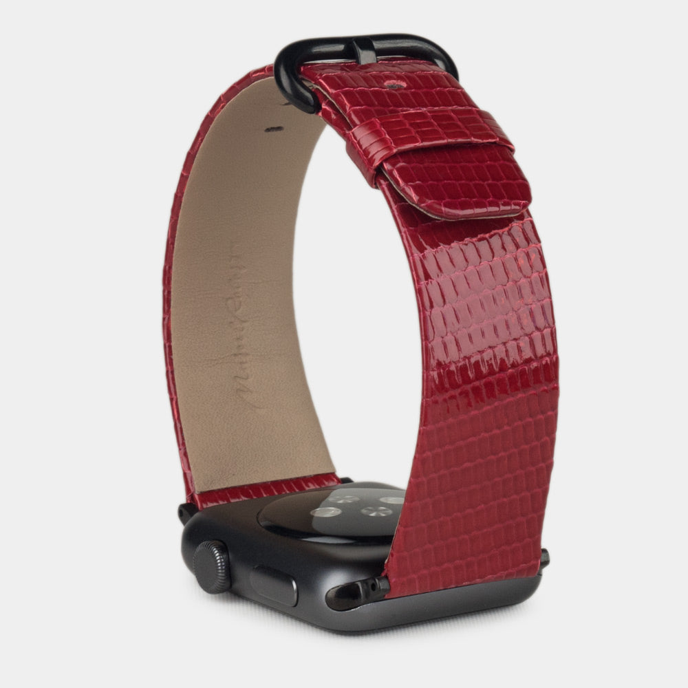 red lizard Strap Apple Watch black adapters and buckle upper view