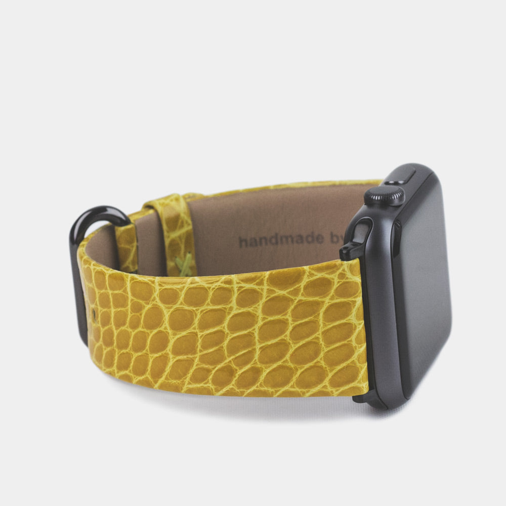 yellow alligator Strap Apple Watch black adapters and buckle side view