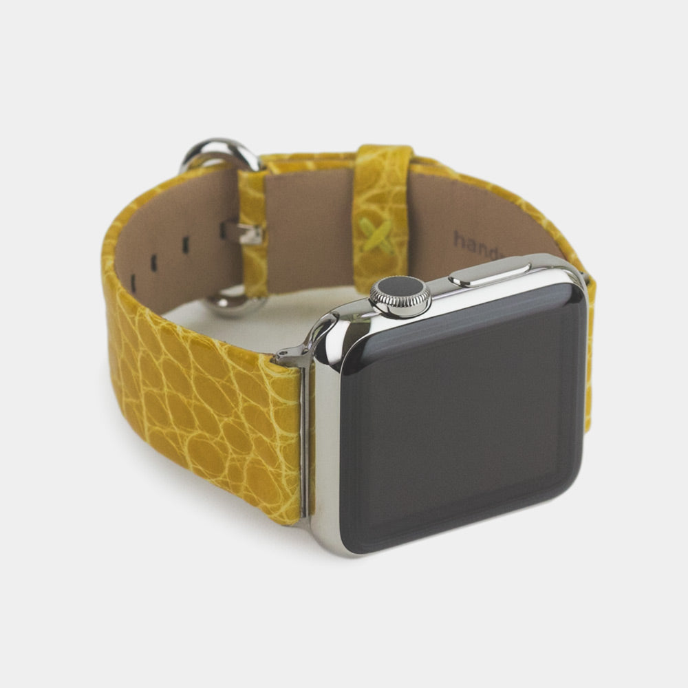 yellow alligator Strap Apple Watch steel adapters and buckle frontal view