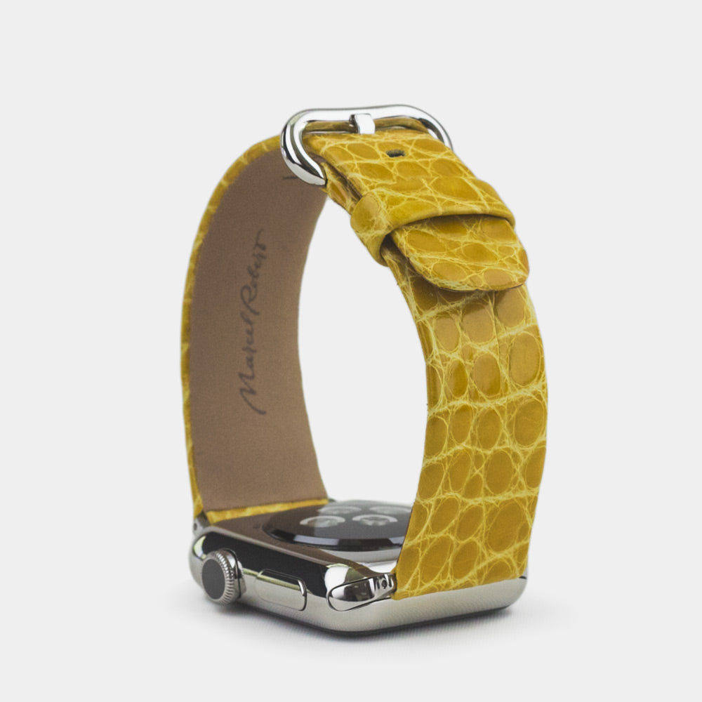 yellow alligator Strap Apple Watch steel adapters and buckle upper view